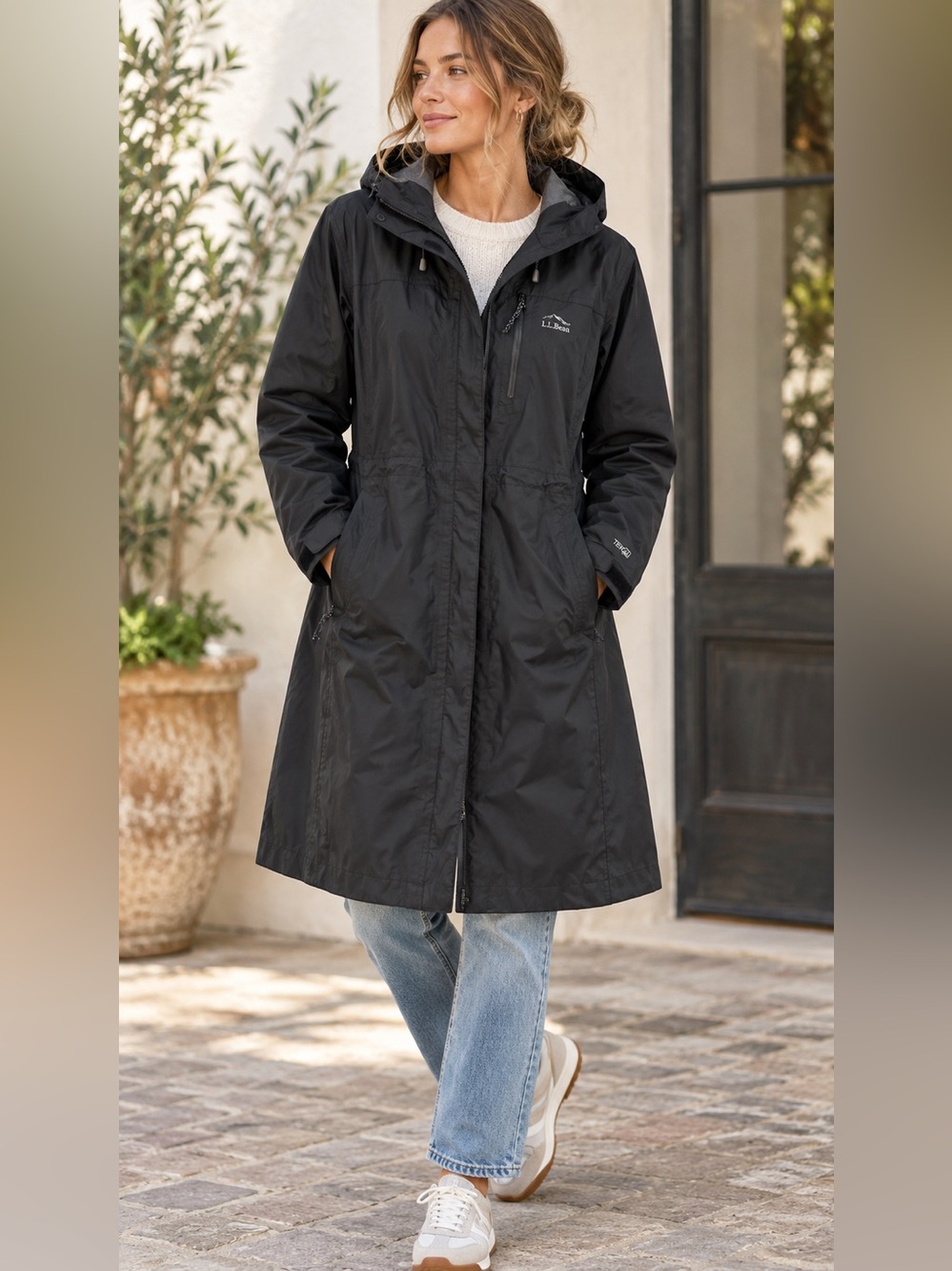 L.L.Bean Trail Model Rain Coat Women 1X Plus Black TEK Waterproof Hooded Long